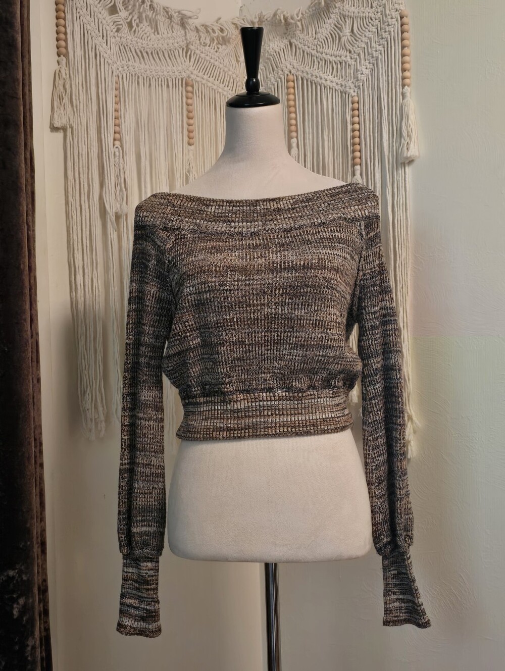 Free People Brown Marled Long-Sleeve Cropped Sweater